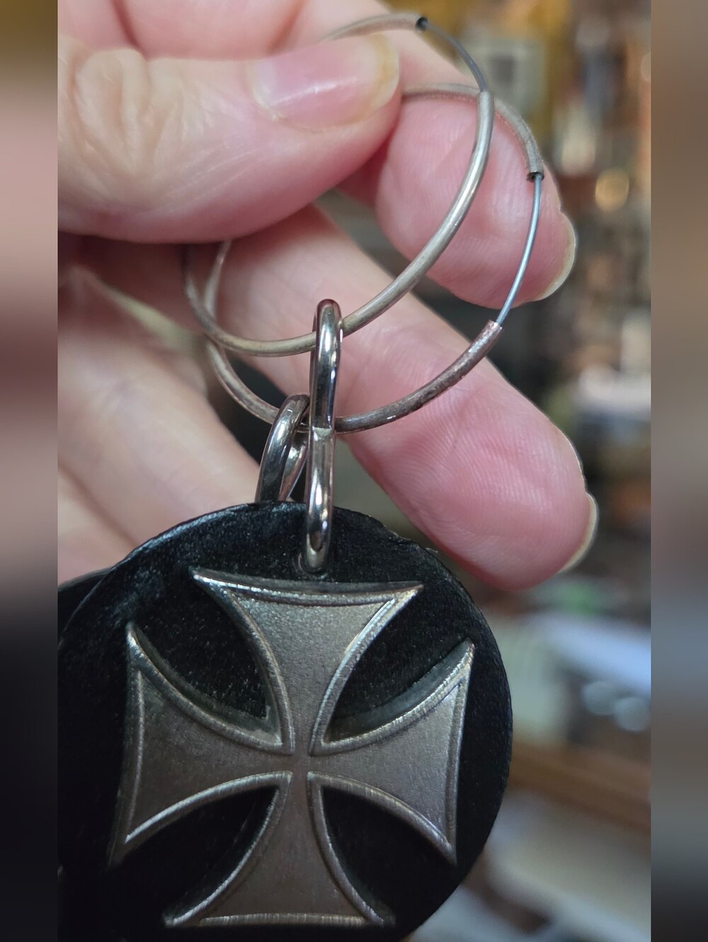 Black Leather Handmade Earrings wSilver Maltese Cross Emblem Silver Plated Hoop - Picture 6 of 6